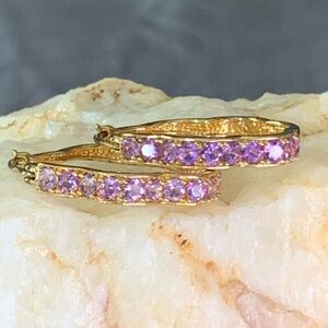 Vintage 14k Gold plated Over 925 Sterling Silver Genuine Amethyst Hoop Earrings